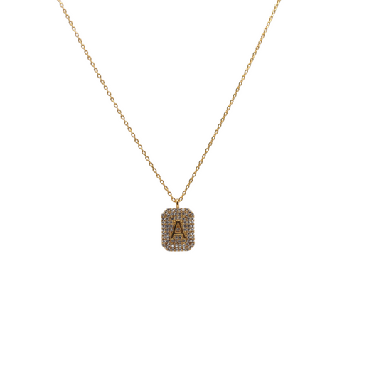 Letter "A" Pave Diamond Initial Dog Tag Pendant Necklace