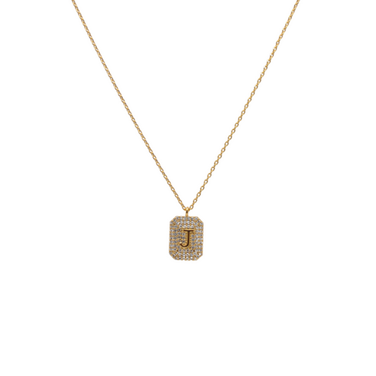 Letter "J" Pave Diamond Initial Dog Tag Pendant Necklace