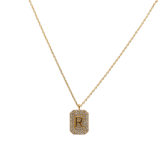 Letter "R" Pave Diamond Initial Dog Tag Pendant Necklace