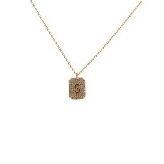 Letter "S" Pave Diamond Initial Dog Tag Pendant Necklace