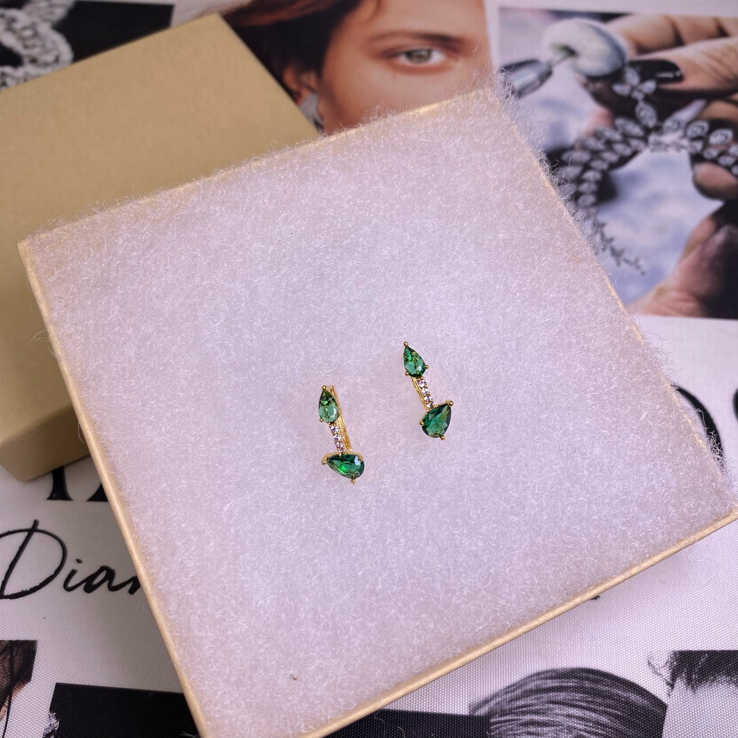 Pear Shaped Emerald with Pave Diamonds Huggies