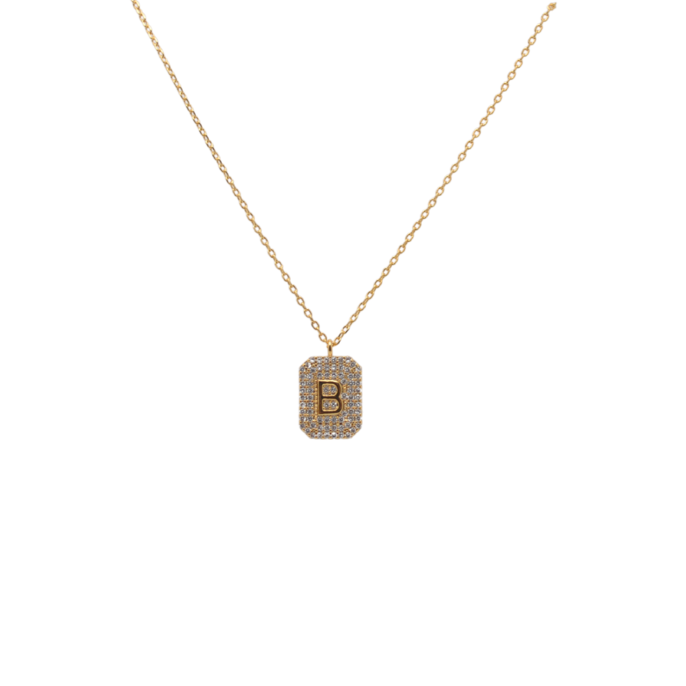 Letter "B" Pave Diamond Initial Dog Tag Pendant Necklace