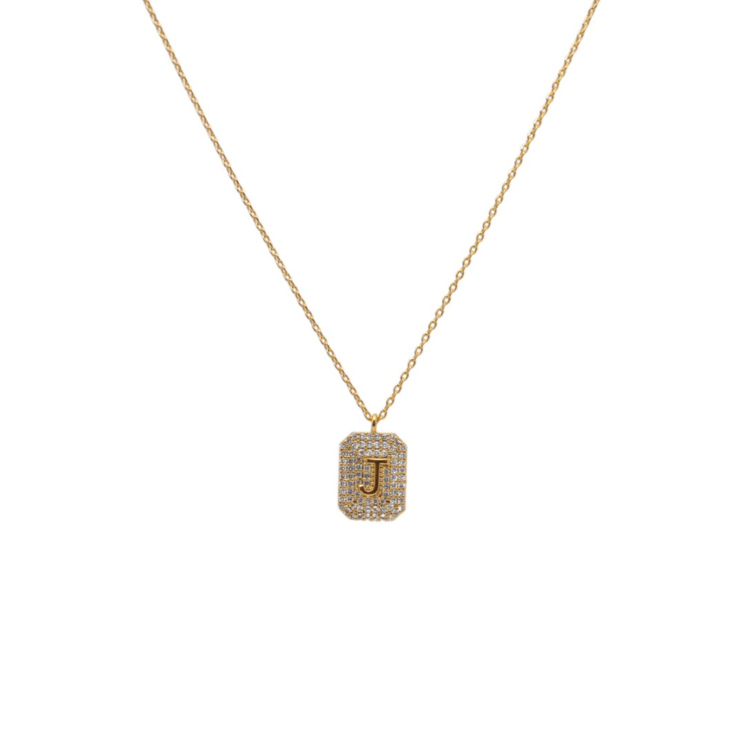 Letter "J" Pave Diamond Initial Dog Tag Pendant Necklace